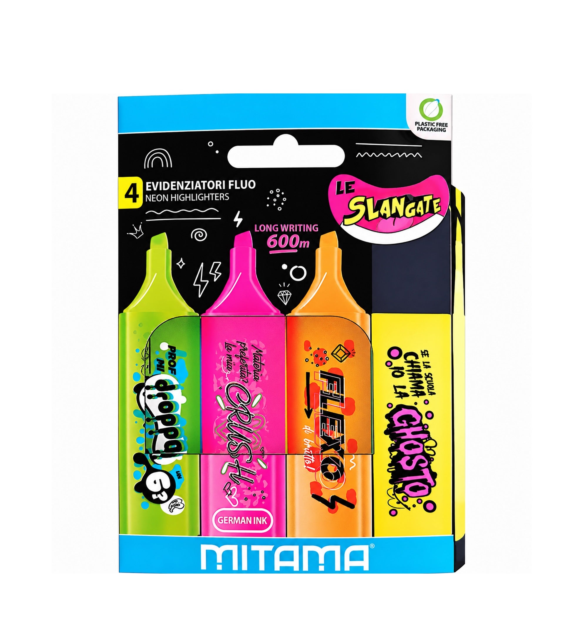 MITAMA Box 4 Evidenziatori Fluo Neon Le Slangate - verde rosa arancione giallo